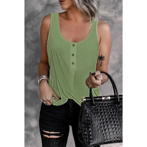 Boho Green Button Textured Tank Top - Picture 6 of 11